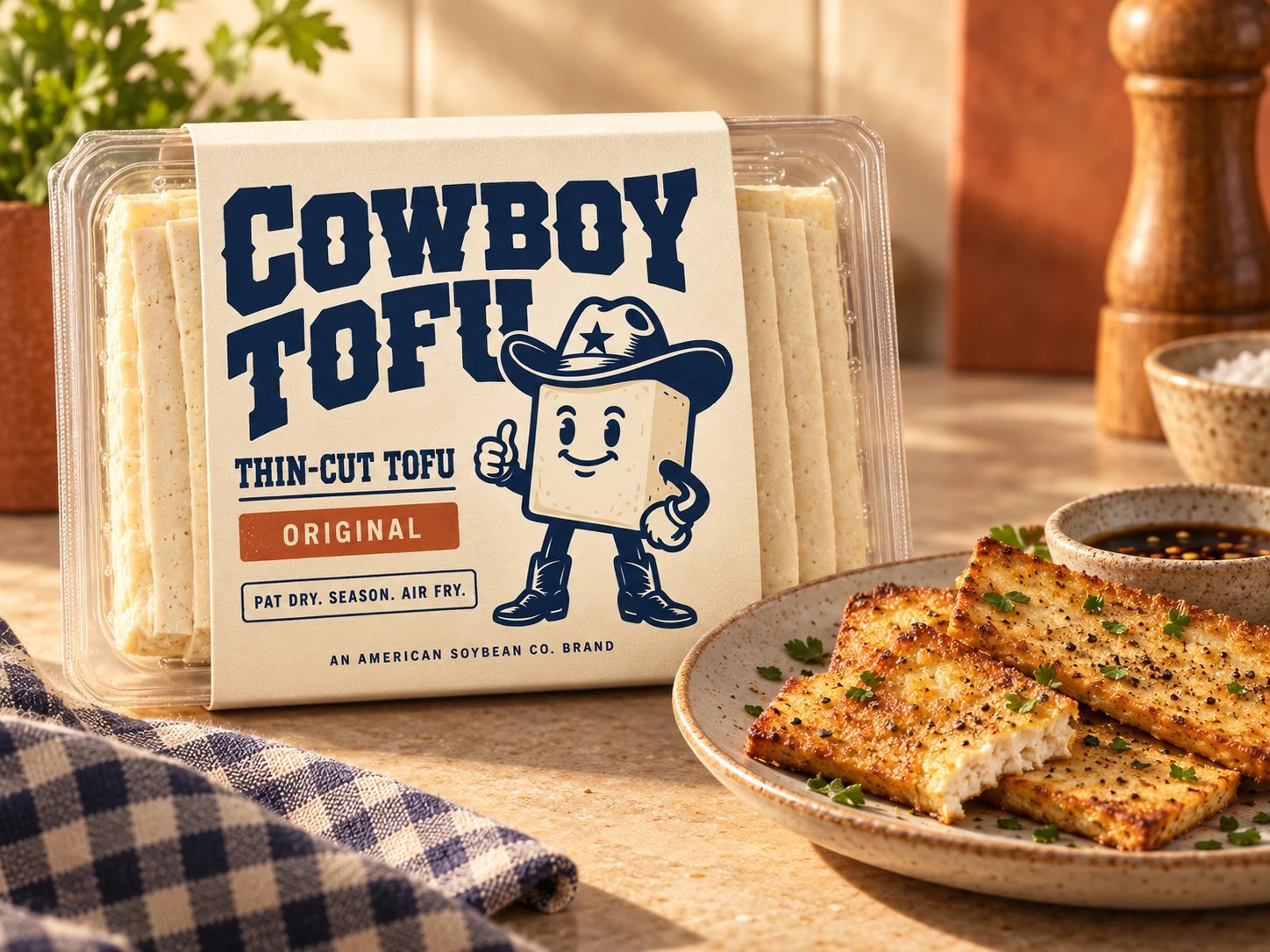 Cowboy Tofu packaging concept with the smiling tofu cowboy, thin tofu slices and a plate of golden air-fried tofu