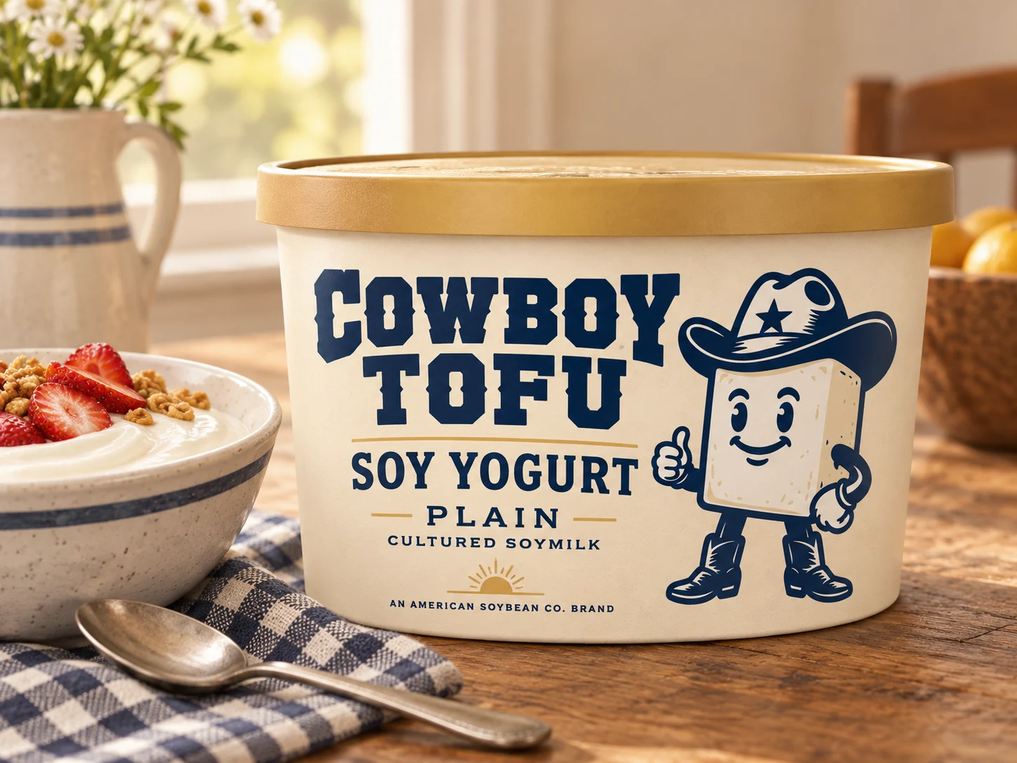 Cowboy Tofu Plain Soy Yogurt tub concept with a gold lid and cowboy mascot, beside a bowl of yogurt with fruit and granola