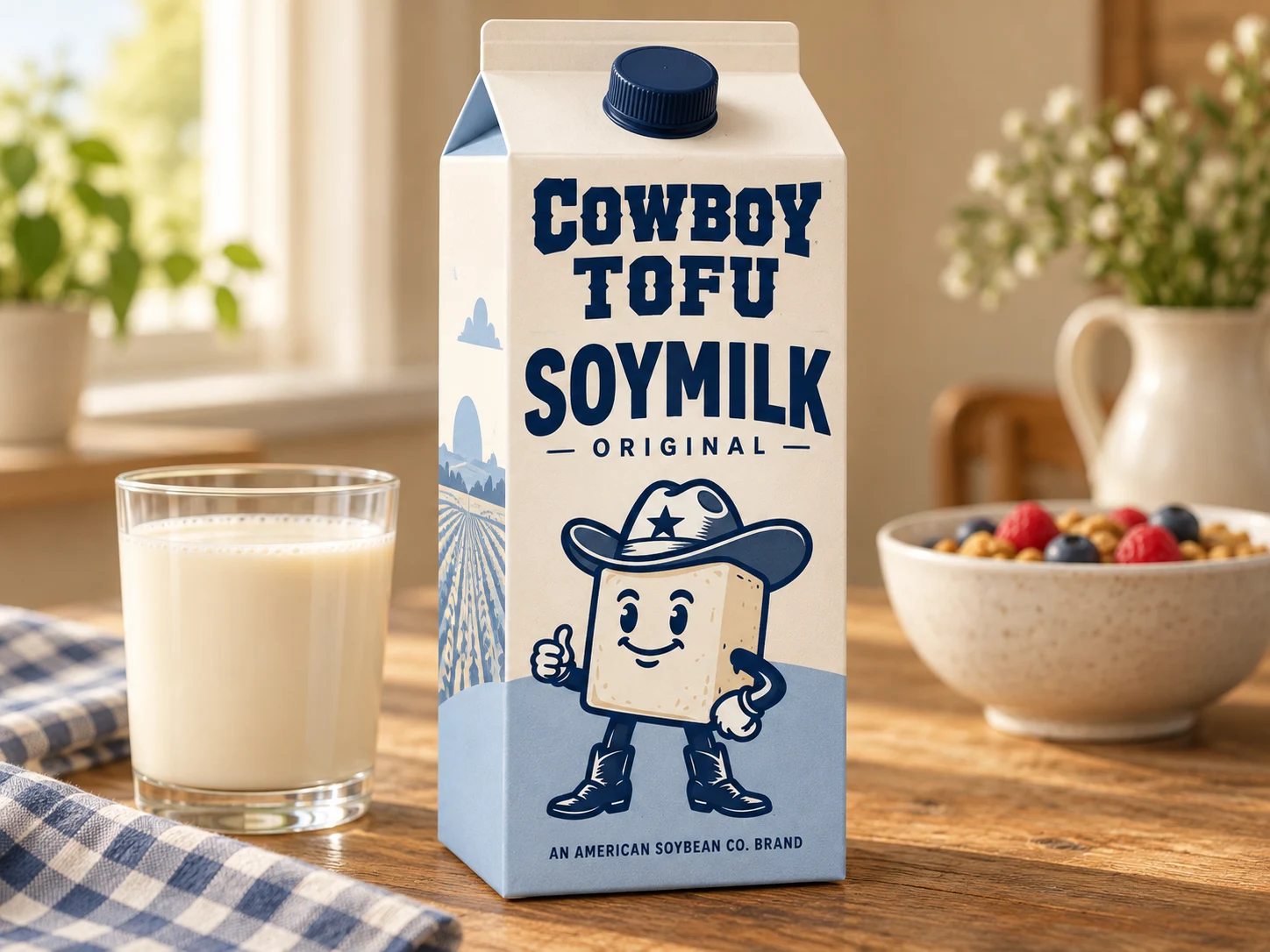 Cowboy Tofu Original Soymilk carton concept with the approved Western wordmark and cowboy mascot, beside a glass of soymilk